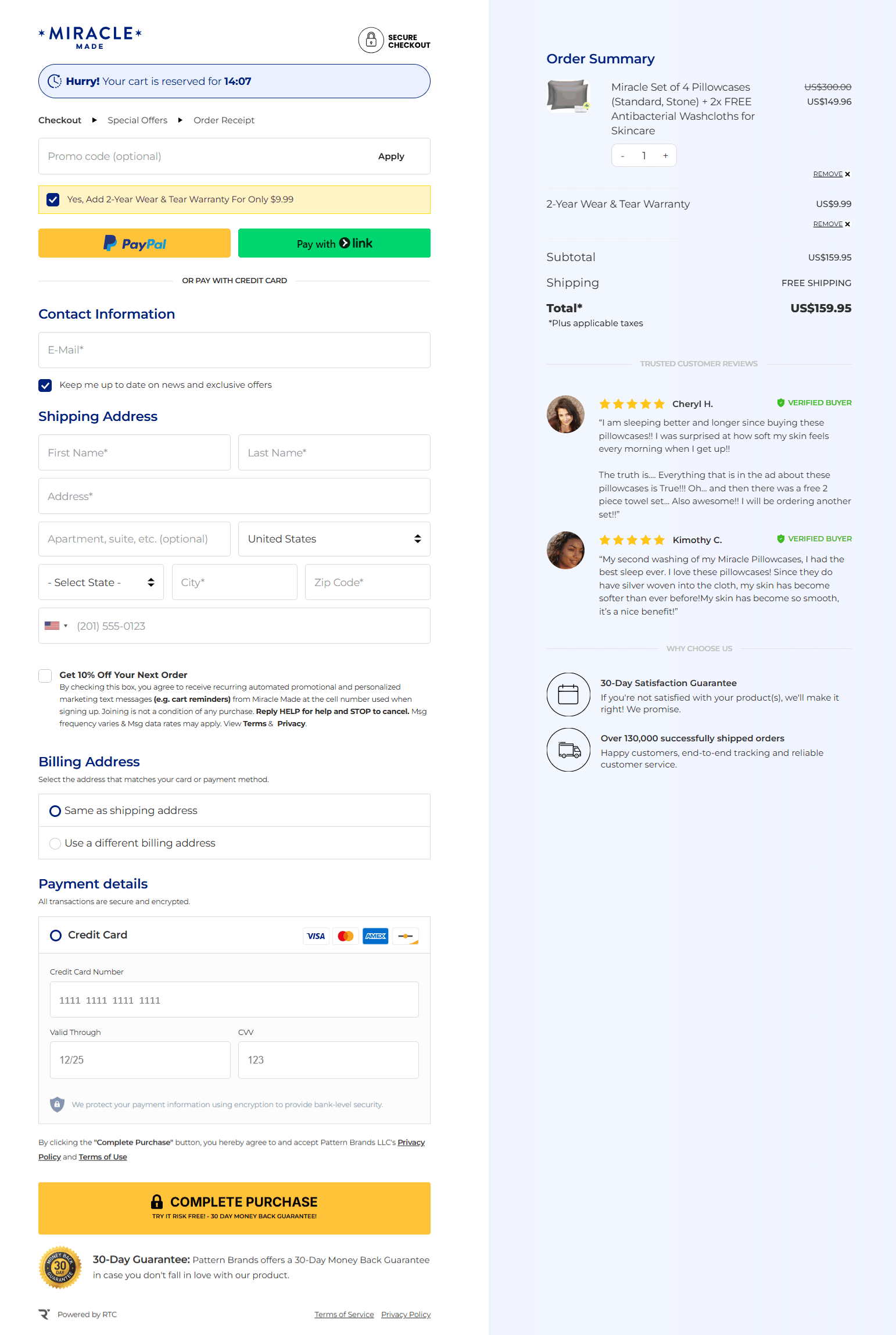 Miracle Pillowcases checkout page